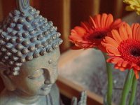 Buddhafigur und Blüten