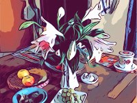Küchenarbeitstisch : Küche, Blumen, Grafik, Comic, Stillleben, Blüten, Vase, Lilie, Grafik-Art