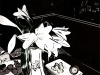 Lilien auf der Küchenplatte : Küche, Blumen, Grafik, Comic, Stillleben, Blüten, Vase, Lilie, Grafik-Art